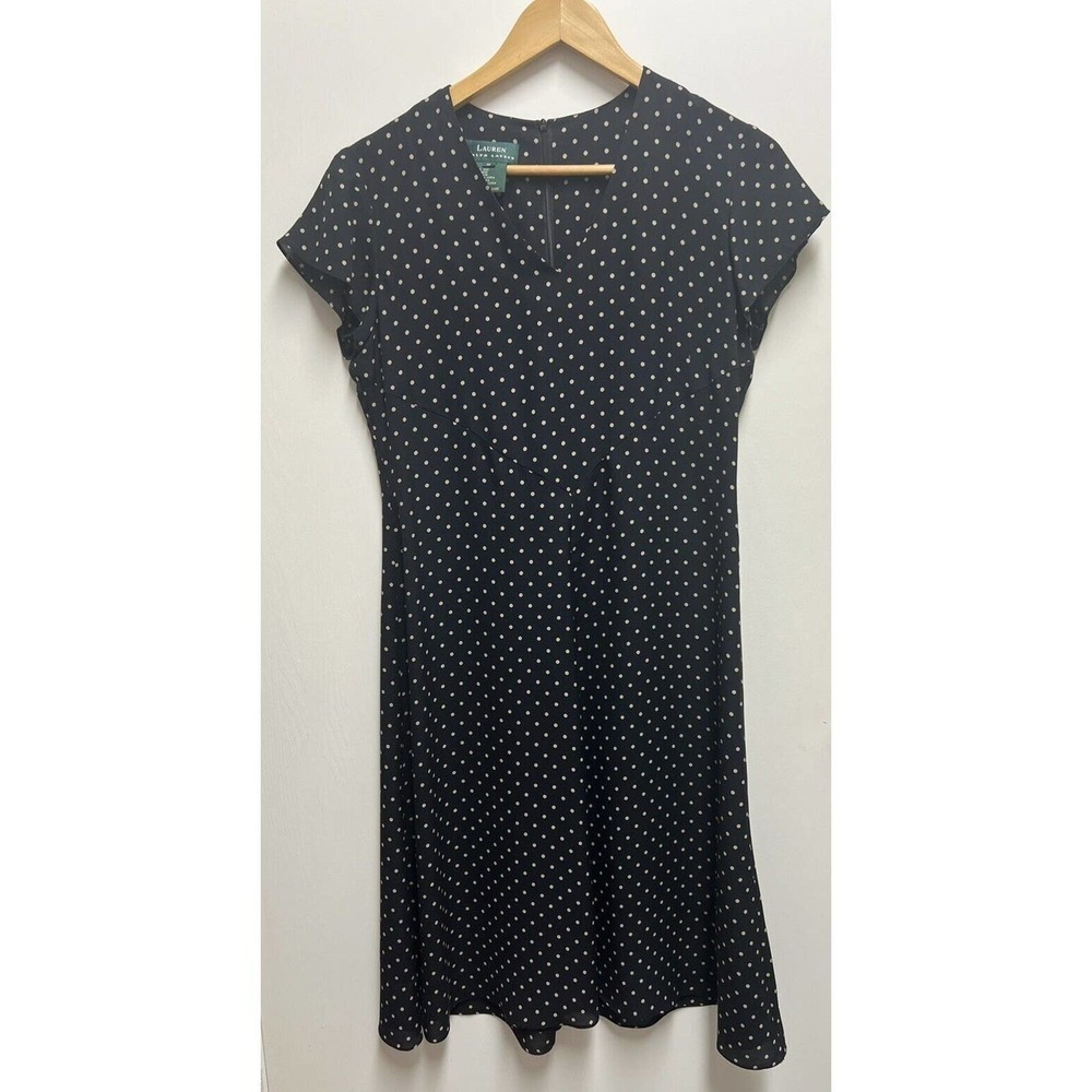 Ralph Lauren Sz 8 100% Silk Polka-Dot Cap Sleeve Little Black 30s Dress